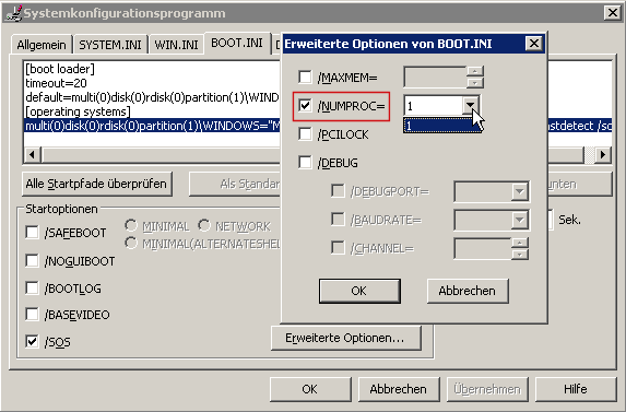 Prozessoranzahl via Msconfig festlegen (XP)